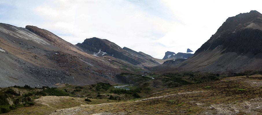 Looking towards Cataract Pass, and the headwaters of the Brazeau River
